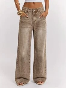 SHEIN BAE Women's Straight Leg Loose Casual Versatile Denim Jeans With Pockets, Fall Winter Outfits For Women, Khaki Jeans, Casual Versatile Low Ride Jeans. - Khaki - View 5