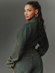 NYA SZN Denim Jacket Button Front Napoleon Tinted Long Sleeve Collared Streetwear Casual Everyday Party Concert Festival Dark Wash Chic Cute Fall Winter - Medium Wash - View 2