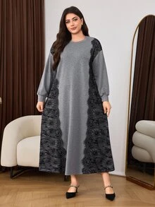 Lacomfia Sweatshirt Wanita Ukuran Besar dengan Motif Renda, Patchwork, Kasual, Serbaguna, Elegan, Modis, Cocok untuk Makan Siang, Makan Malam, Warna Abu-abu, Musim Gugur - Grey - View 7