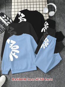 青少年男孩休閒街頭極簡風淺藍色黑灰色字母與花卉印花落肩衛衣與運動長褲2件套，適合外出與運動 - 彩色 - 查看 2