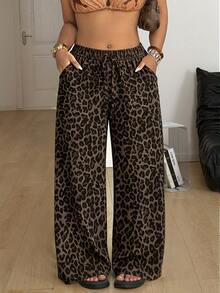 SHEIN CURVE+ Vintage Leopard Print Plus Size Long Pants, Suitable For Summer And Autumn Fall - Multicolor - View 5