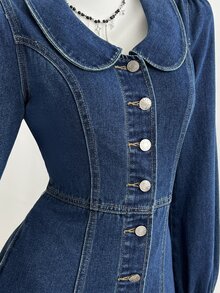 Mori Grove Mori Grove Women's All-Season Peter Pan Collar Long Sleeve Petal Sleeve A-Line Blue Denim Dress - Dark Wash - View 7