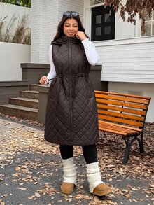 SHEIN EZwear 秋冬大尺碼加厚抽繩可調腰鬆款雙穿法長版大衣 - 巧克力棕 - 查看 4