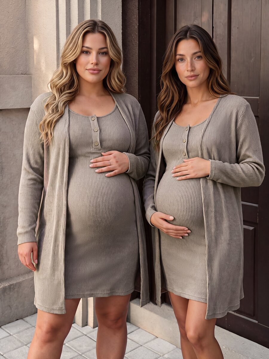 SHEIN Apricot Maternity Plus Size Knit 2 Pieces Set Ribbed Textured Casual Comfortable Long Cardigan & Round Neck Dress With Front Opening For Breastfeeding - Apricot - View 1