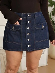 EMERY ROSE EMERY ROSE Plus Size Casual Front Button Denim Shorts,A-Line Denim Mini Skort,Brunch Look,Country Concert,Campus Style,Elegant,Casual,Vacation,Halloween,Christma - Blue - View 6