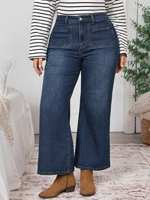 EMERY ROSE Plus Size Women's High-Waisted Dark Wash Wide-Leg Jeans,Dark Wash,High-Rise Flare Jeans For Women,Casual Office,Weekend Outfit,Thanksgiving,Christmas - Blue - View 4