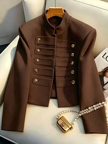 SHEIN Franclia 女款法式立領雙排扣金鈕短版西裝外套，高級通勤修身小個子外套上衣 - 咖啡棕 - 查看 1