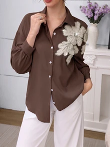 Modelyn 女款花卉圖案休閒日常穿著襯衫 - 巧克力棕 - 查看 5
