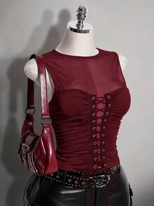 SHEIN ICON Plus Size Retro Y2K Sexy Mesh Patchwork Tank Top - Burgundy - View 3