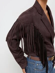Maija Short Jacket With Fringe, Urban Style, Autumn/Winter - Brown - View 7