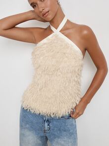 Maija Women's Long Fur Fringe Criss-Cross Halter Tie Tank Top, Party Night Cocktail Urban Sexy Elegant Summer Beige - Apricot - View 4