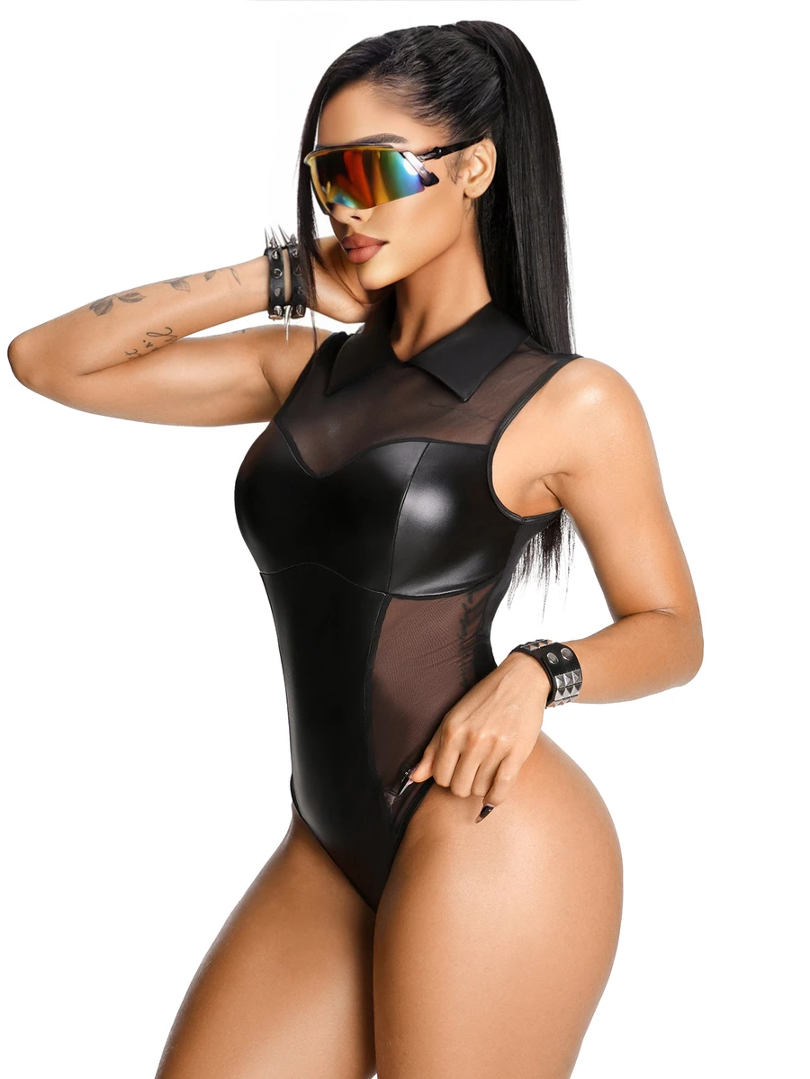 AltBold Mono sin mangas de cosplay de Halloween para mujer, mono de cuero sintético con cuello de solapa y patchwork de malla transparente, disfraz sexy ajustado para fiesta nocturna y club - Negro - Ver 1