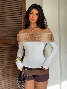 CovetEZ Women's Patchwork Animal Print Fuzzy Off-Shoulder Long Sleeve Fashion T-Shirt - Brown - View 6