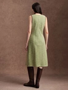 Zovinel Lyocell Wool Fabric Women's Round Neck Button Design Elegant Sleeveless Midi Dress,Back To School, Casual Work,Elegant Fall Summer/Autumn/Winter - Green - View 2