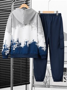 2pcs Teen Boys Gradient Hooded Sweatshirt & Classic Navy Blue Cargo Pants Set, Suitable For Autumn/Winter Outdoor Activities - Navy Blue - View 2