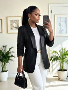 SHEIN Lady سترة بليزر أنيقة عصرية بمقاس كبير من مادة البولي يوريثان مع أزرار - الأسود - مشاهدة 5