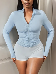 SHEIN Core Rhythm Women's Minimalist Casual Pleated Zipper Long Sleeve Sports Jacket - Blue - View 5
