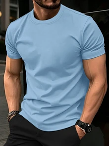 Manfinity Homme 男士夏季休閒百搭純色短袖T恤 - 淺藍色 - 查看 1