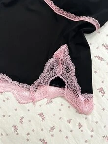 Sunspun Plus Size Summer Elegant Contrast Color Lace Trim Slit Cami Camisole - Black - View 5