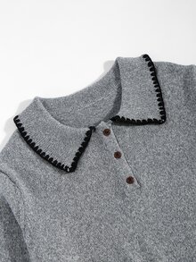 GlowEve CURVE Plus Size Women's Floral Trim Polo Collar Long Sleeve Casual Sweater - Grey - View 3