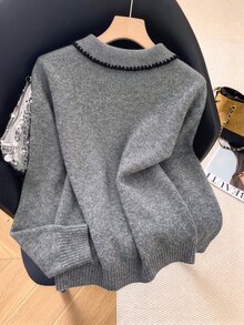 GlowEve CURVE Plus Size Women's Floral Trim Polo Collar Long Sleeve Casual Sweater - Grey - View 2
