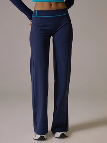 Musera Sport Contrast Piped Edge Low Rise Straight Leg Yoga Style Coord Pant Fall Autumn Winter Gym Active Pilates Motion - Navy Blue - View 2
