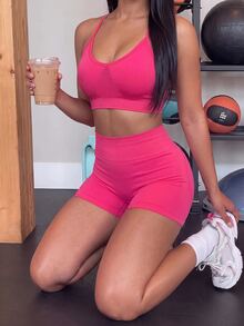 SHEIN Dewbera Seamless Yoga Sports Set With Removable Padded Cups - Hot Pink - View 1