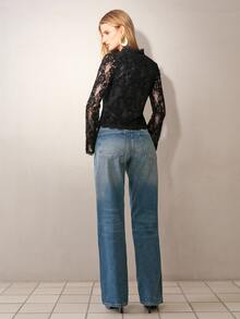 MOTF PREMIUM CHENILLE LACE PATCHWORK FROG BUTTON CROP FITTED TOP - Black - View 5
