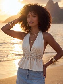 CAJUNI Women's Beach Shell Tassel Decor Pleated Halter Neck Tie Top - White - View 3