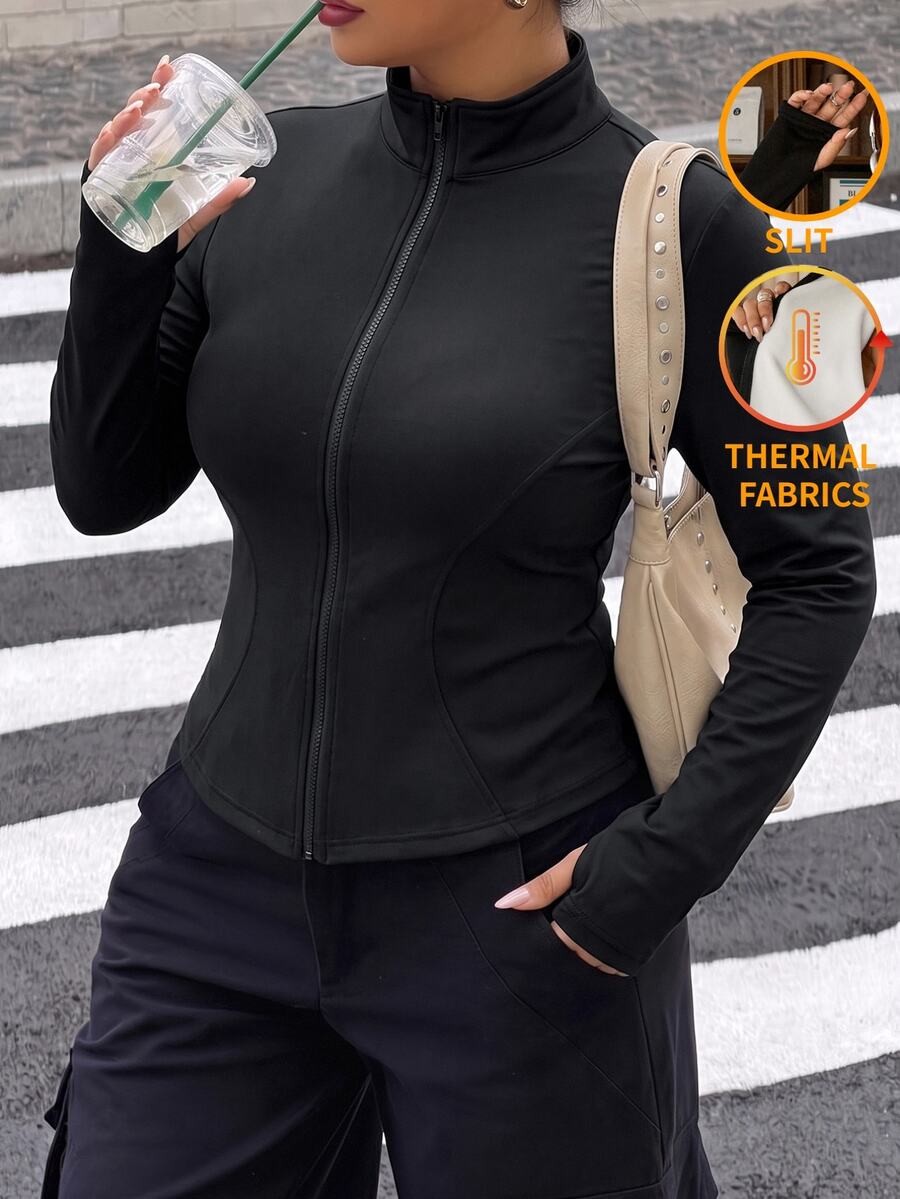 Muchica Women's Plus-Size Solid-Color Long-Sleeve Jacket Featuring A Front Zipper And Warm Lining-Suitable As Either An Outer Layer Or An Underlayer. - Black - View 1