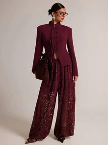 SHEIN BAE 女款純色青蛙鈕扣設計長袖中式西裝外套 - 酒紅色 - 查看 3