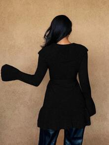 Rafferiza Women's Elegant Tie-Front Ruffle Trim Knit Cardigan - Black - View 2