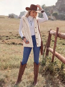 Wildy BOHO Casual Western Style Country Nomadic Women's Vest Jacket Pattern Autumn/Winter Daily Basic Outfit For Outings - Beige - View 4
