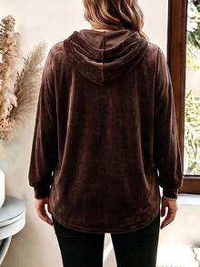 SHEIN LUNE Autumn/Winter Fashion Loose Vintage Casual Basic Coffee Color Hooded Curved Hem Plus Size T-Shirt - Coffee Brown - View 2