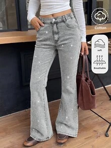 SHEIN 青少年女孩亮面水鑽灰色丹寧彈性緊身喇叭褲 - 灰色 - 查看 3
