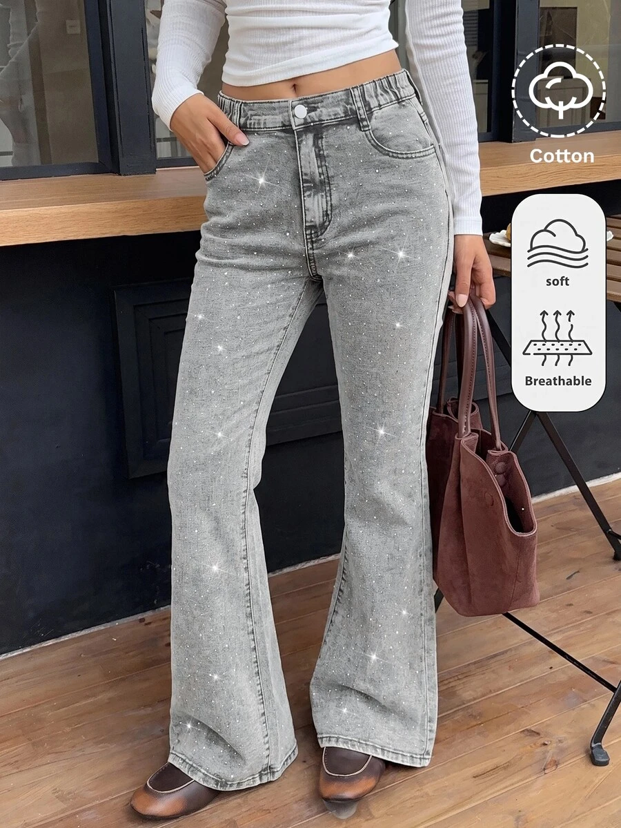 SHEIN Teen Girls Shiny Rhinestone Grey Denim Stretch Skinny Flare Pants - Grey - View 1