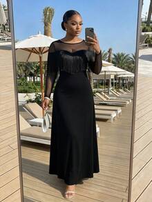 SHEIN Lady CURVE Plus Size Women's Mesh Patchwork Casual Party Dress - Black - View 3