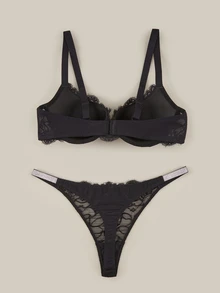 Bralution 2pcs Rhinestone Shiny Underwire Support Molded Cup Lace Detail Simple Elegant Sexy Comfortable Everyday Plus Size Bra Set - Black - View 2