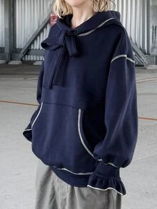 FRIFUL Women's Drop Shoulder Long Sleeve Casual Loose Hooded Sweatshirt - Navy Blue - View 5