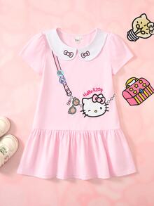 HELLO KITTY AND FRIENDS | SHEIN Young Girl Letter Cartoon Print Casual Daily Summer Dress - Pink - View 1