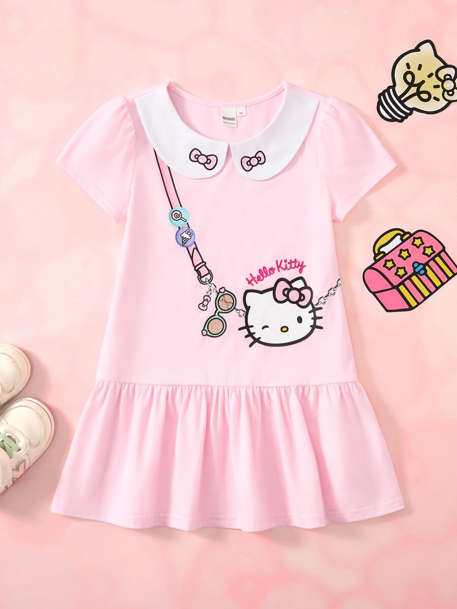 HELLO KITTY AND FRIENDS | SHEIN Young Girl Letter Cartoon Print Casual Daily Summer Dress - Pink - View 1