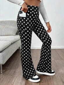 SHEIN 青少年女孩黑色高腰緊身高彈性休閒瑜伽多功能喇叭褲，附手機口袋，適合居家與戶外穿著 - 彩色 - 查看 4