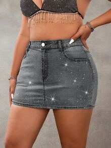 SHEIN ICON Plus Size Women's Fashion Rhinestone Embellished Washed Denim Bodycon Skirt With Pockets - Grey - View 4