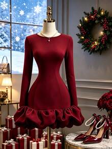 GlowEve Women's Elegant Party Dinner Ruffle Hem Dress Burgundy Winter - Burgundy - View 3