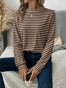 EMERY ROSE 棕色與咖啡色條紋長袖女款T恤，適合秋冬/返校季，秋季女裝穿搭 - 彩色 - 查看 4