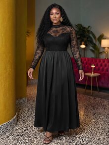 Slaydiva Plus Size Formal Gown, Black Lace Mesh Long Sleeve High Neck Split Satin Maxi Dress - Black - View 10