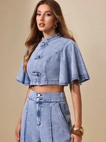Selenza Women's Frog Button Design Ruffle Short Sleeve Cropped Denim Jacket - Blue - View 6