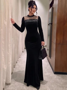 Modelyn French Style Round Neck Lace Patchwork Velvet Mermaid Dress For Women - Black - View 6