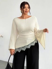 Firerie Plus Size Women's Round Neck Bell Sleeve Contrast Lace Pleated Hem Blouse - Apricot - View 5