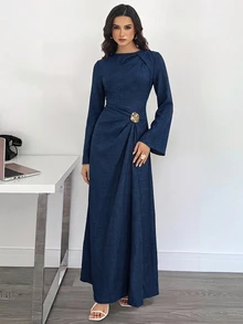 SHEIN Tall 女款純色扭結設計前襟金屬扣飾喇叭袖長袖洋裝 - 寶藍色 - 查看 3